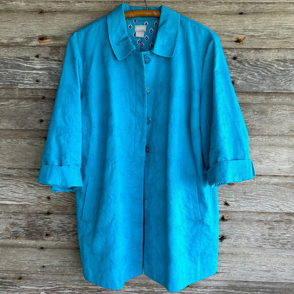 Chico's Jacquard Turquoise Blazer, Size 3